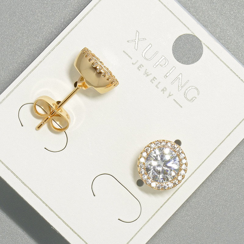Xuping Ohrstecker mit weißem Kristall und weißen Strasssteinen, runde Fassung, Durchmesser 9,5 mm, 18K Vergoldung