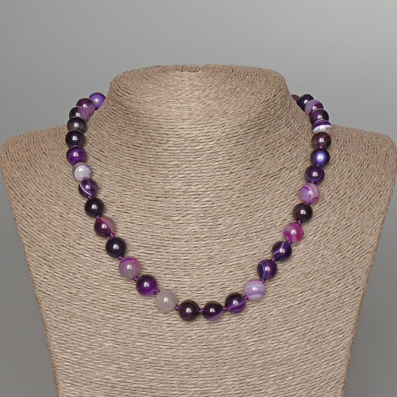 Kette aus violettem Achat, natürlicher Stein, glatte Kugeln, Durchmesser ca. 10 mm, Länge ca. 47 cm