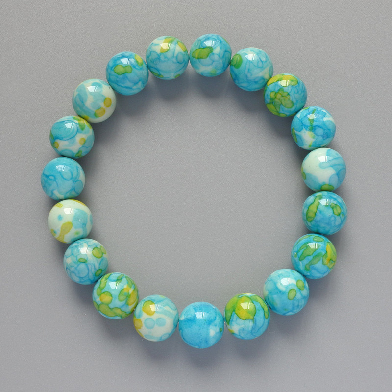 Armband «Varizit» (künstliches Acryl) blau, weiß und gelb, glatte Kugeln, Durchmesser ca. 10 mm, Länge ca. 18 cm (Stretch)