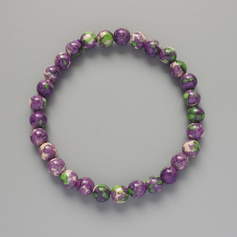 Armband «Varizit» (künstliches Acryl) lila, weiß und grün, glatte Perle, Durchmesser 6,5 mm, Länge 18 cm +/- (Elastik)