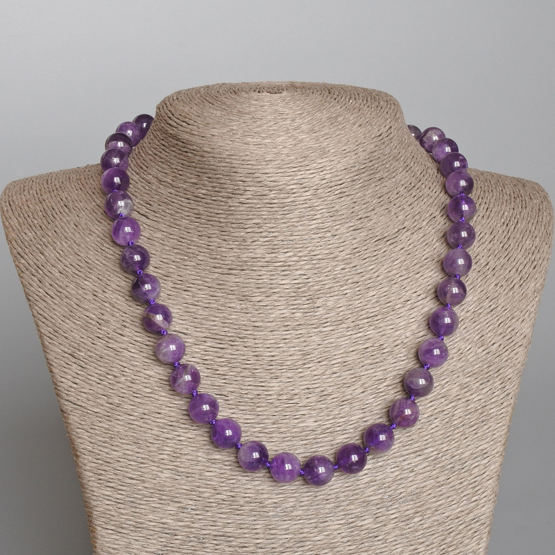Halskette aus Amethyst, Naturstein, glatte Kugeln, Durchmesser 10 mm, Länge 48 cm