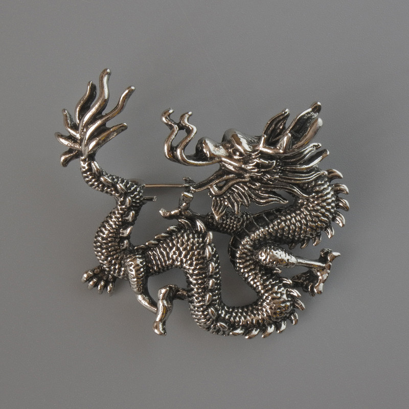 Brosche-Anhänger Drache, silberfarbenes Metall, 44×37 mm