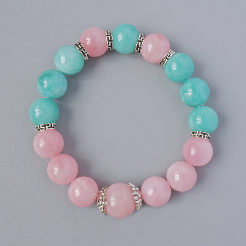 Armband Rosenquarz und Amazonit (künstliches Acryl), Durchmesser 12,5 mm ±, Länge 18 cm ± (Stretch) mit Metall-Einsätzen