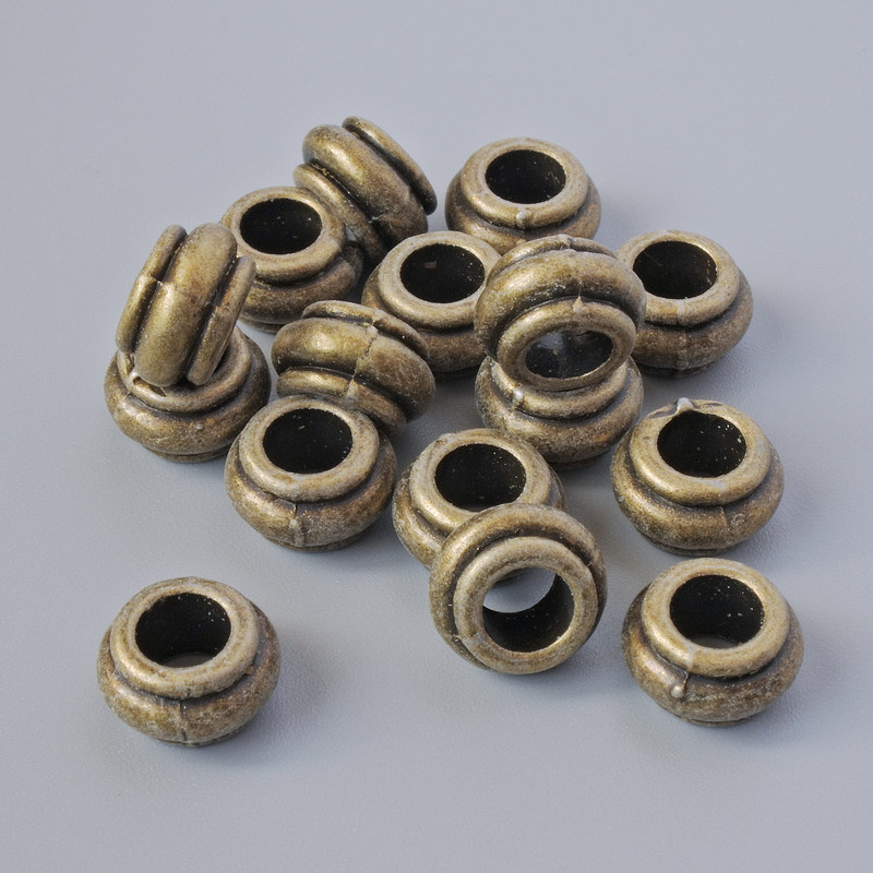 Bronzene Einlageperle mit Befestigung, Durchmesser der Perle 9×5,5 mm, Lochdurchmesser 4,7 mm, Verpackung 16 Stück ±, bronzefarbenes Metall