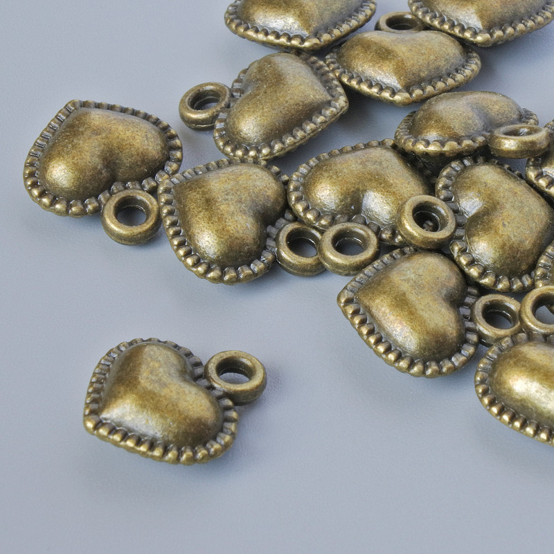 Schmuckzubehör Anhänger 'Herz', Durchmesser 13 × 11,5 mm, Lochdurchmesser 1,9 mm, Verpackung 16 Stück ± bronzefarbenes Metall
