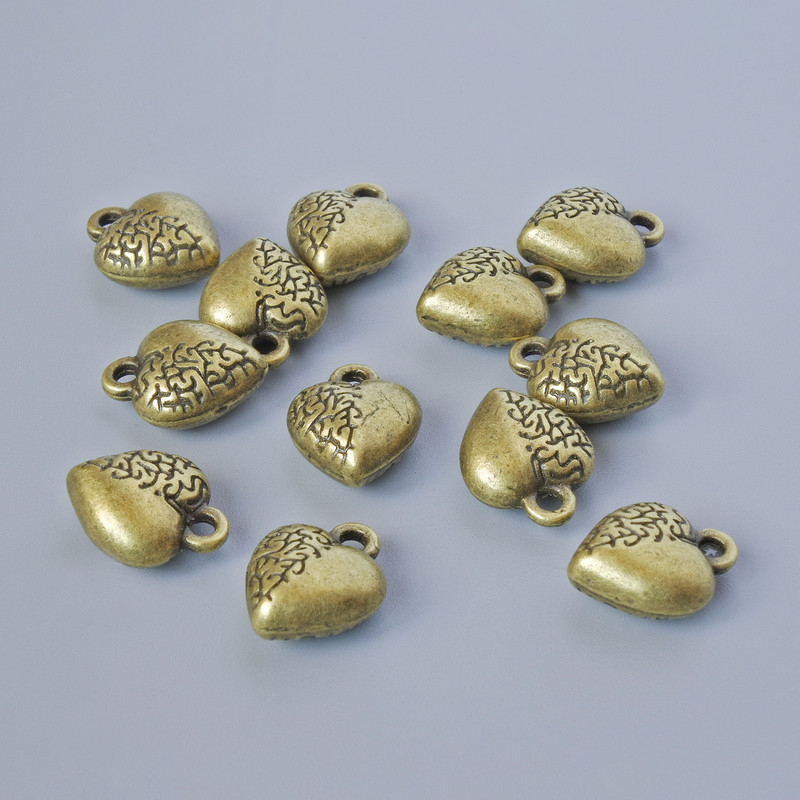 Schmuckzubehör – Anhänger „Herz“, Durchmesser 12 × 9,5 mm, Lochdurchmesser 1,7 mm, Verpackung 12 Stück ±, bronzefarbenes Metall