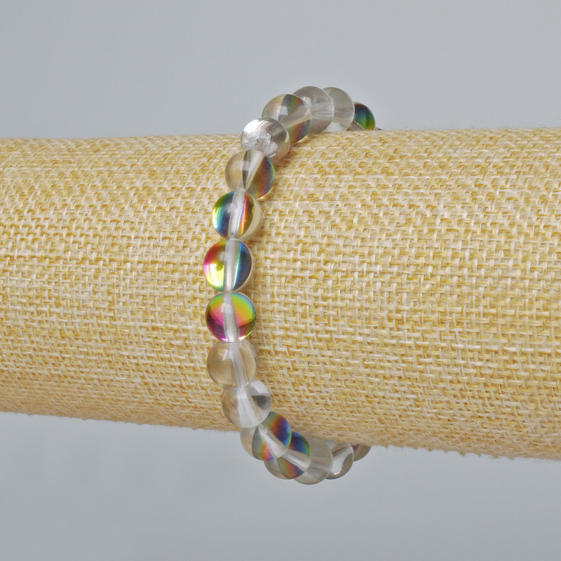 Opalglas-Armband – glatte Kugeln, Weiß durchsichtig, Chamäleon-Optik, Durchmesser ca. 8 mm, Länge ca. 18 cm (Stretcharmband)