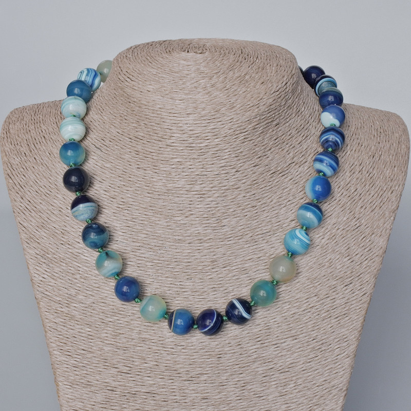 Kette aus blauem Achat, natürlicher Stein, glatte Kugel, Durchmesser ca. 12,5 mm, Länge 46–48 cm