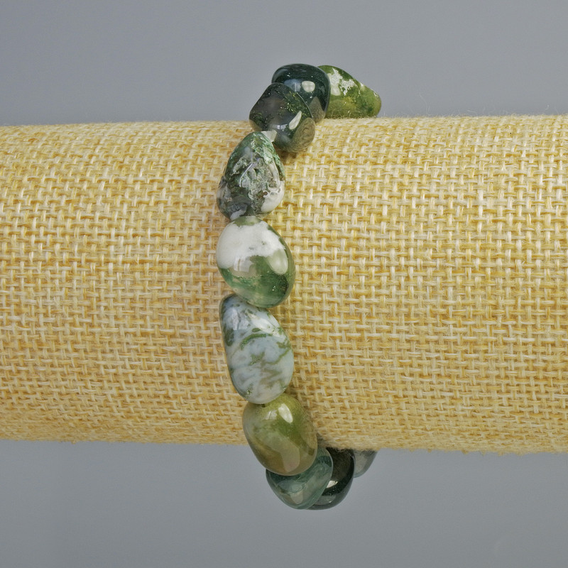 Armband aus Moosachat, Naturstein, facettiert, Durchmesser 10×15 mm, Länge 18 cm ± (Stretcharmband)