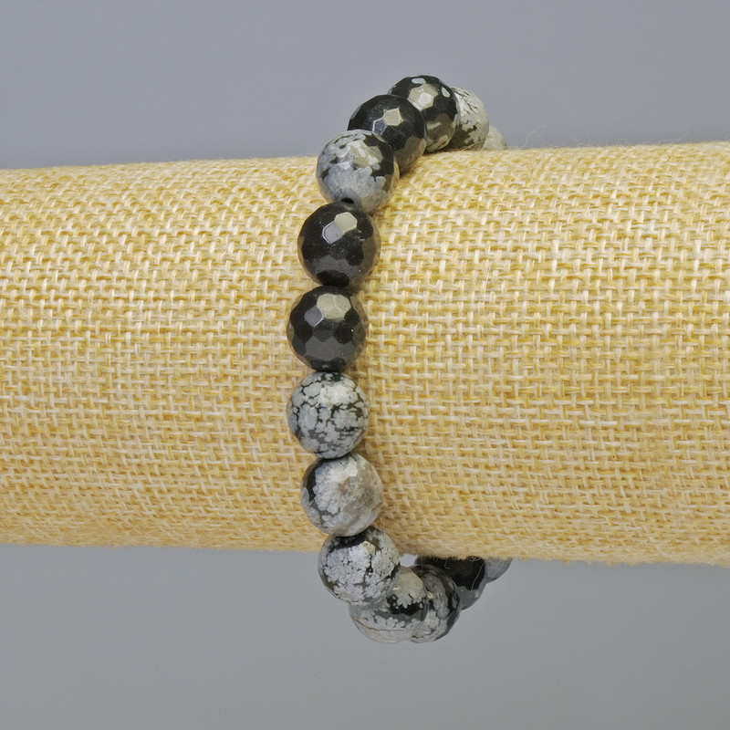Armband aus Schneeflockenobsidian – Apache-Tränen, natürlicher Stein, facettierte Kugeln, Durchmesser ca. 10 mm ± (Elastisch), Länge ca. 18 cm+