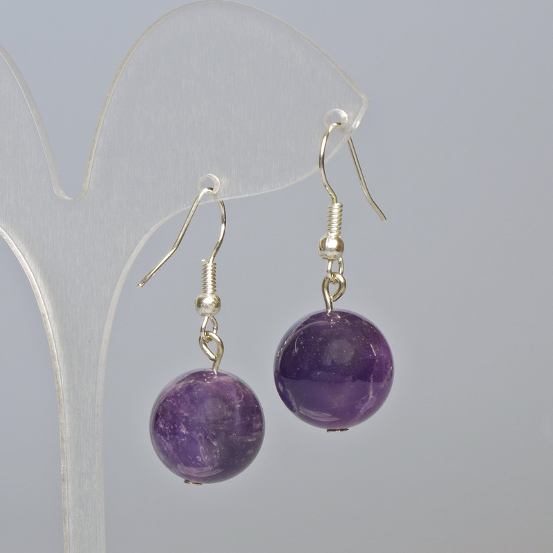 Ohrringe aus Amethyst, natürlicher Stein, glatte Kugel, Durchmesser ca. 14 mm, Länge ca. 35 mm