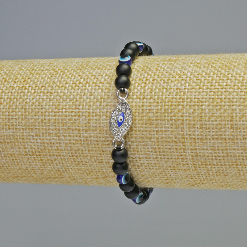 Schungit-Armband (einzeln) glatte Kugel, Durchmesser ca. 6 mm, Stretch-Armband, Länge ca. 18 cm, mit Einsätzen 'Auge'