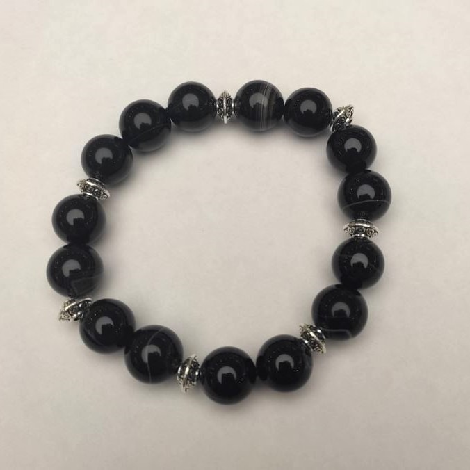 Armband aus schwarzem Achat, glatte Kugeln, Durchmesser ca. 12 mm ± (Stretch), Länge ca. 18 cm ±, mit Metall-Einsätzen