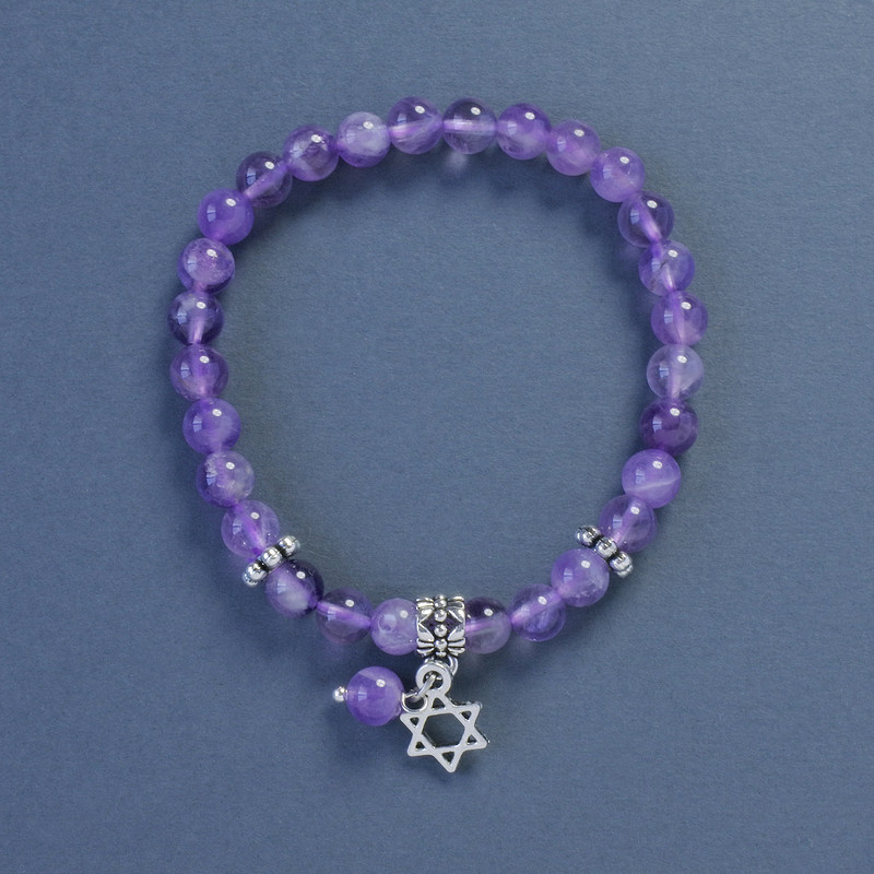Amethyst-Armband mit glatten Kugeln, Durchmesser 6 mm, Länge 18 cm, Stretch mit Davidstern-Anhänger