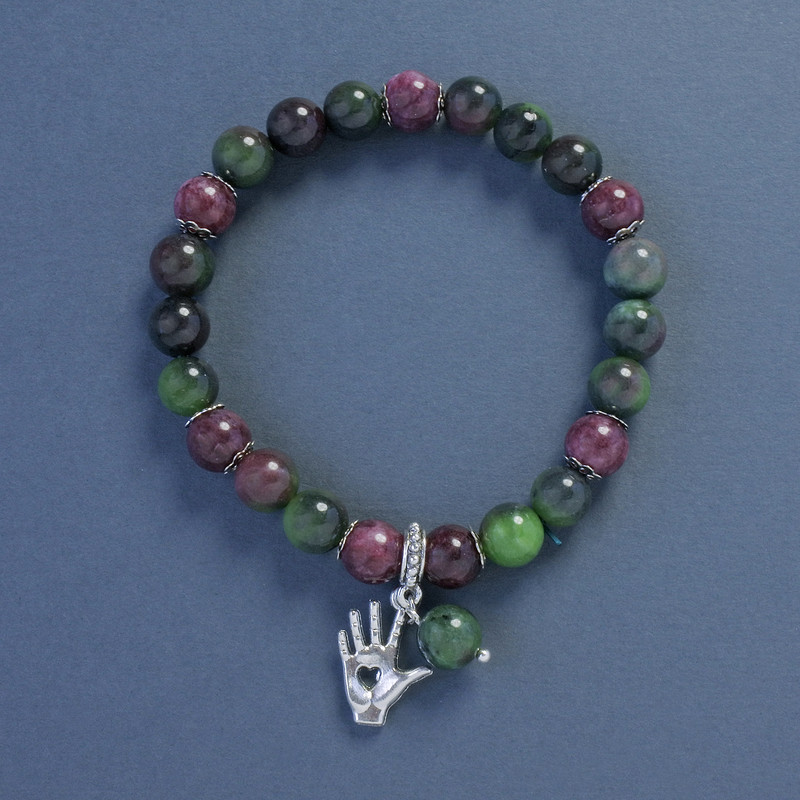 Armband aus Turmalin und Jaspis – glatte Kugeln, Durchmesser ca. 8 mm, Länge ca. 18 cm, Elastikarmband mit Handflächenanhänger