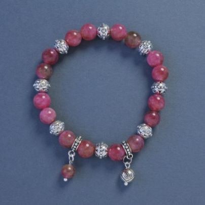Turmalin-Armband mit glatten Kugeln, Durchmesser ca. 8 mm, Länge ca. 18 cm, Elastikarmband mit Rosen-Anhänger