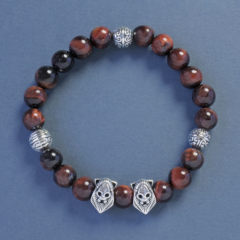 Armband aus Ochsenauge – glatte Kugeln, Durchmesser ca. 9 mm, Länge ca. 18 cm – elastisch mit Löwen-Einsätzen