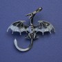 Drachen-Brosche/Anhänger, grau-weiße Emaille, rote Strasssteine, silberfarbiger Metall, 48×45 mm+