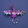 Brosche-Anhänger Drache in himbeer-grau Emaille mit Strasssteinen, petrol-silbernem Metallton, 50×57 mm +