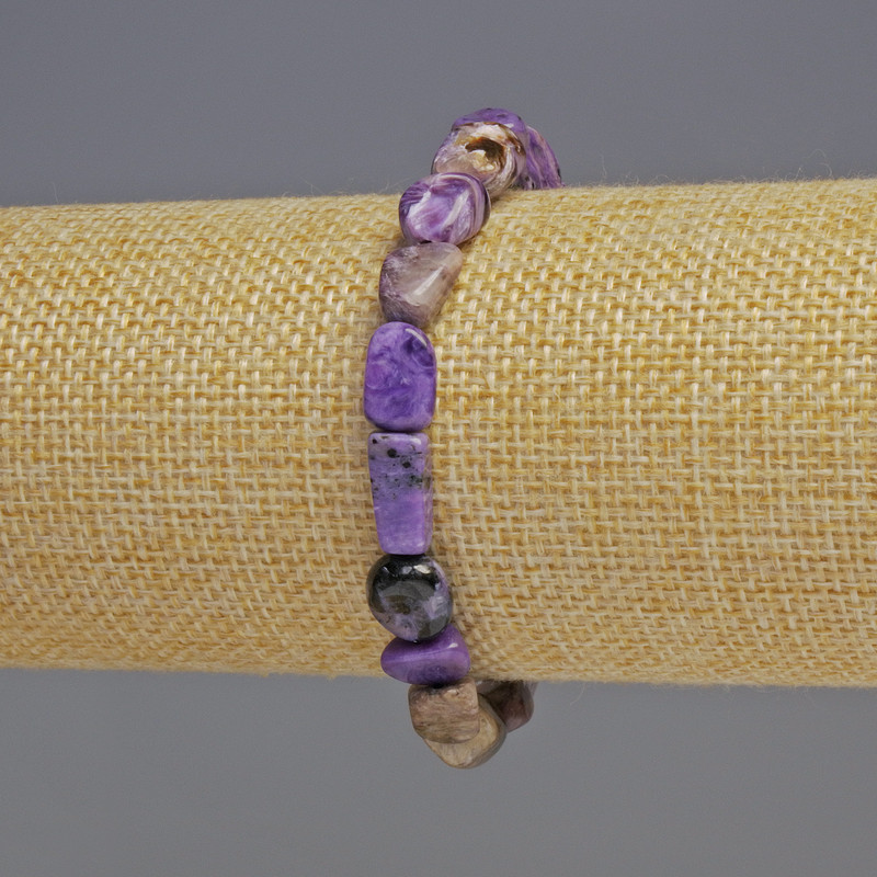 Charoit-Armband, natürlicher Stein, getrommelte Perlen, Perlen-Größe 8 × 8 × 5 mm, Länge ca. 18 cm, elastisch