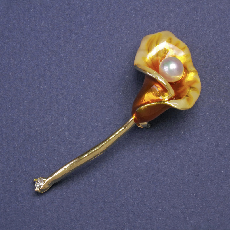 Brosche mit Anhänger Calla-Blüte gelb emailliert