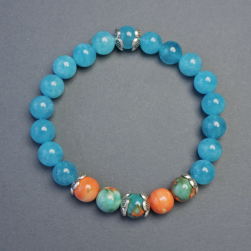 Armband Aquamarin, Varizit – glatte Kugeln, Durchmesser 8 mm, Länge 18 cm ± Stretcharmband