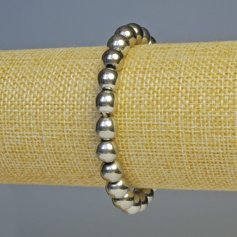 Hematit-Armband mit Kugeln, silberfarbener Ton, Durchmesser ca. 8 mm, Länge ca. 18 cm, Elastikband