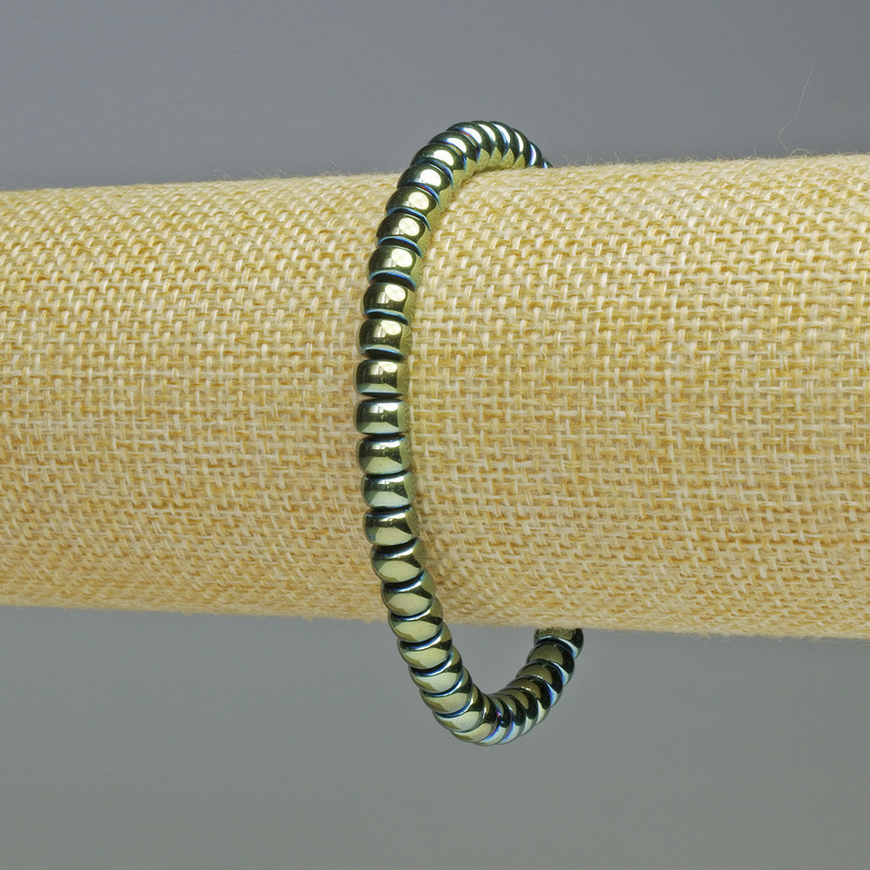 Hämatit-Armband mit Rondellen, Farbe Grünes Chamäleon, Durchmesser ca. 6×4 mm, Länge ca. 18 cm, Stretcharmband