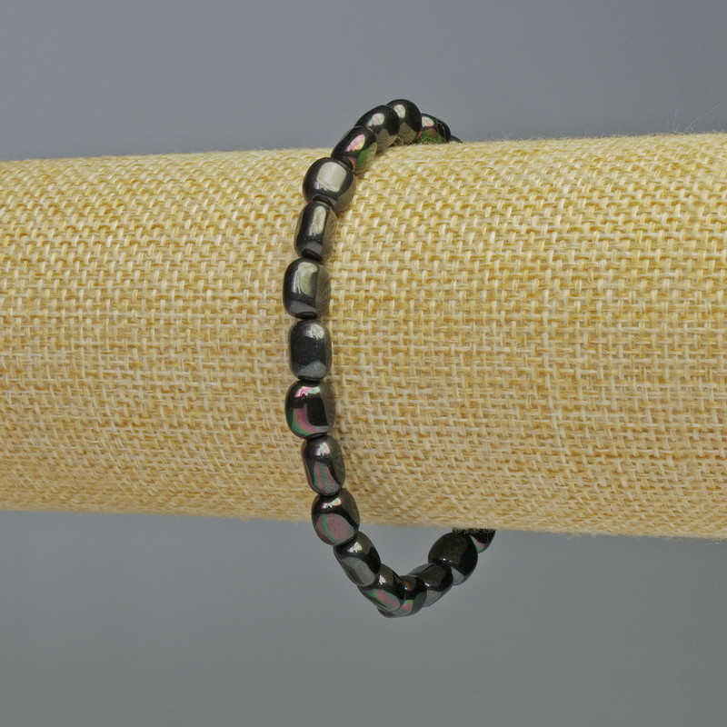 Hämatit-Armband, oval, Farbe Schwarz-Chamäleon, Perlen 7×7 mm, Länge ca. 18 cm, Stretch