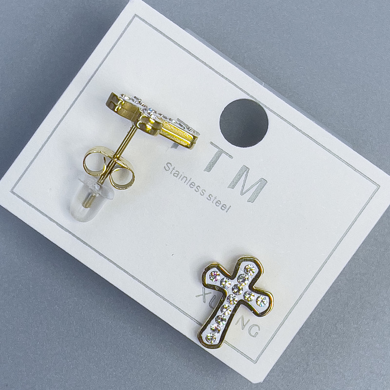 Xuping Kreuz-Ohrstecker mit weißen Strasssteinen, 12 × 9 mm, 18K-Vergoldung