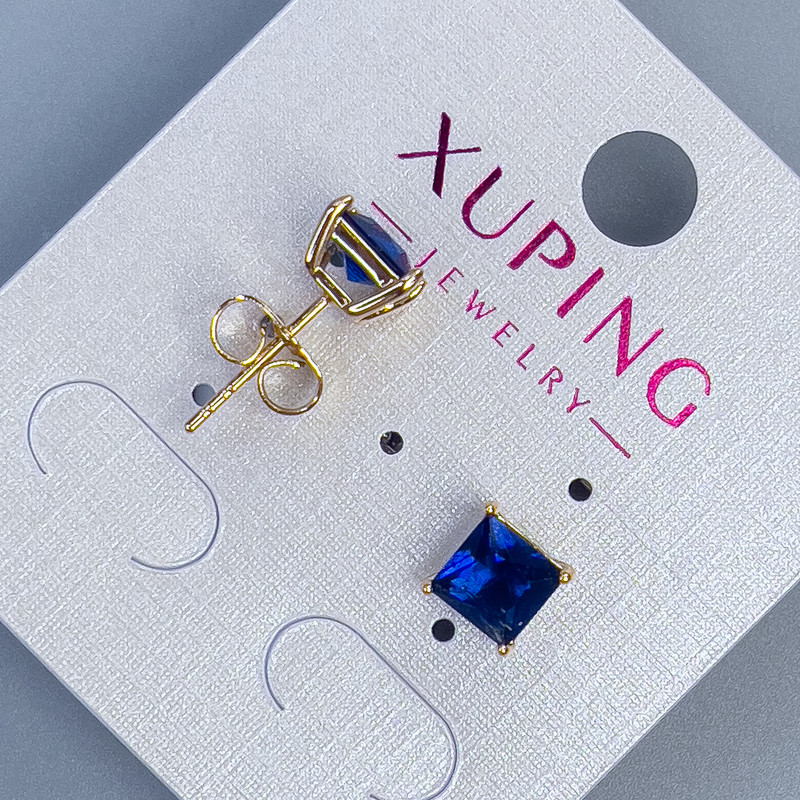 Xuping Kugel-Ohrstecker mit blauem Stein, Fassung 'Quadro' 6 mm ± Vergoldung 18 Karat