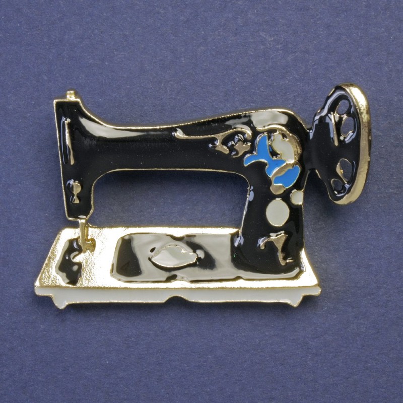Brosche Nähmaschine, Emaille, goldfarbenes Metall, 30×42 mm+