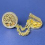 Brosche für Cardigans – goldfarbenes Metall, weiße Strasssteine, Ø ca. 20 mm, Kette ca. 9 cm
