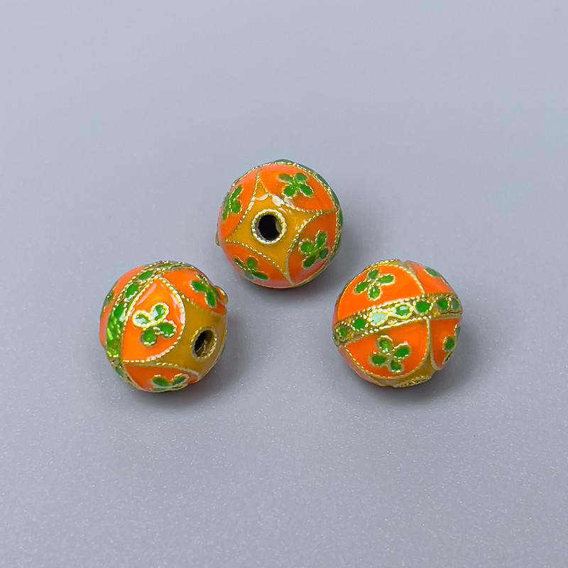 Cloisonsperle orange-grüne Emaille, Durchmesser 10 mm ±, Lochdurchmesser 2 mm, goldfarbener Metallton, 1 Stück
