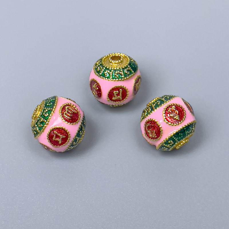 Cloisonsperle – rot, grün, rosa Emaille, Durchmesser 10 mm ±, Lochdurchmesser 2 mm, goldfarbene Metallfarbe, 1 Stück