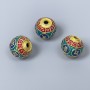 Cloisonsperle Rot-Blau-Türkis Emaille, Durchmesser ca. 10 mm, Lochdurchmesser ca. 2 mm, hellgoldfarbener matter Metallton, 1 Stück