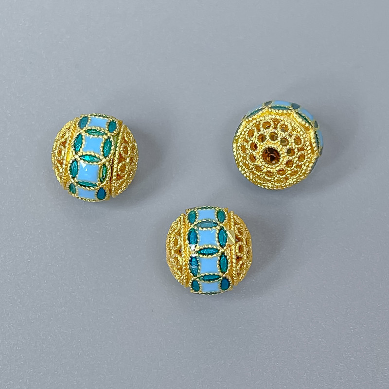 Cloisonsperle Cloisonné, blau emailliert, Durchmesser ca. 10 mm ± Bohrung 2 mm, goldfarbenes Metallfinish, 1 Stück
