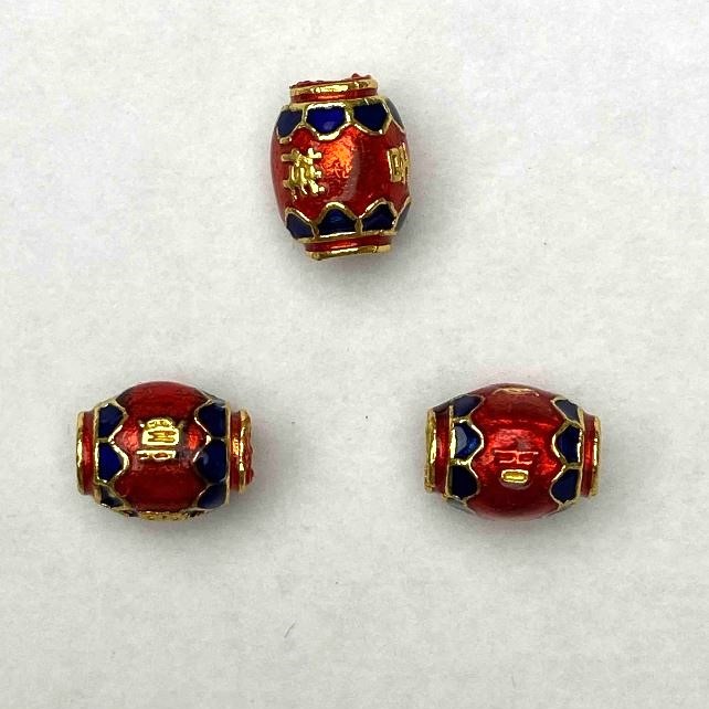 Kloisoné-Barillet-Perle, rote und blaue Emaille, Durchmesser 8 × 10 mm, Lochdurchmesser 1,8 mm, goldfarbenes Metall, 1 Stück