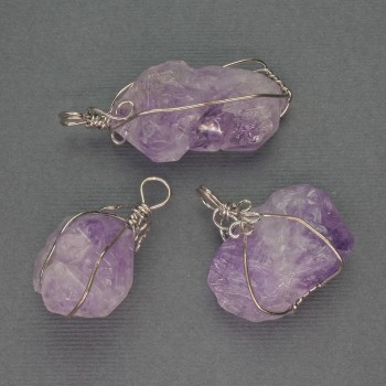 Anhänger Amethyst im silberfarbenen Drahtgeflecht, Durchmesser 25 x 27 mm, Länge ca. 37 mm