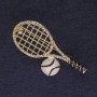 Brosche Tennisschläger mit Ball, goldfarbenes Metall, weiße Strasssteine, Durchmesser 44×22 mm +