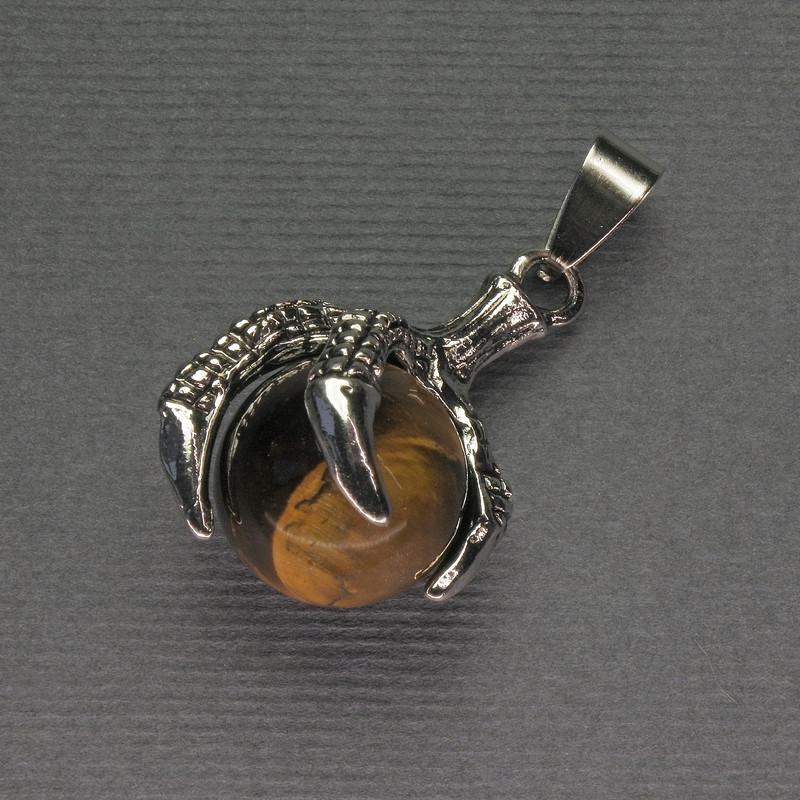 Anhänger Tigerauge-Pfote mit Kugel, 18×37 mm, silberfarbenes Metall