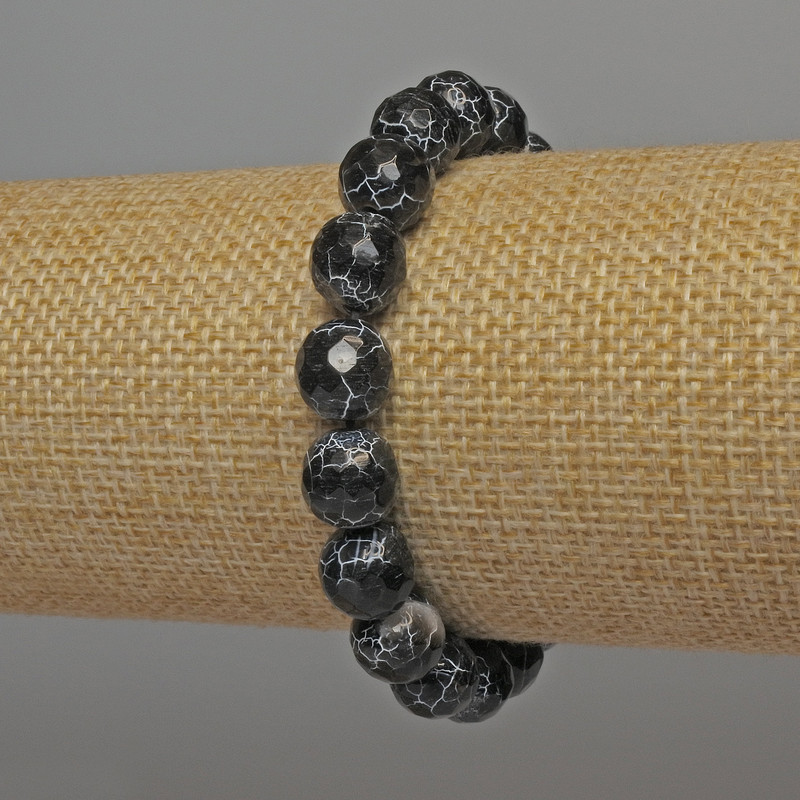 Schwarzes Feuerachat-Armband, facettierte Kugeln, Durchmesser ca. 9,5 mm, Länge ca. 18 cm, Elastikarmband