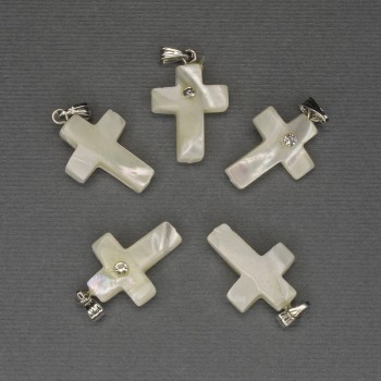 Anhänger aus Perlmutt Kreuz 30×20×15 mm ± weiße Strasssteine silberfarbenes Metall