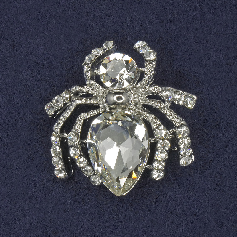 Spinnenbrosche mit Strass, silberfarbenes Metall, 26×26 mm+