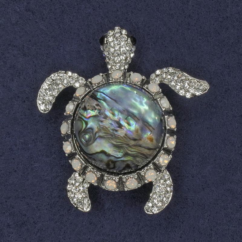 Brosche mit Anhänger Schildkröte Haiozit, Strass-Steine, silbernes Metall, 45×50 mm+