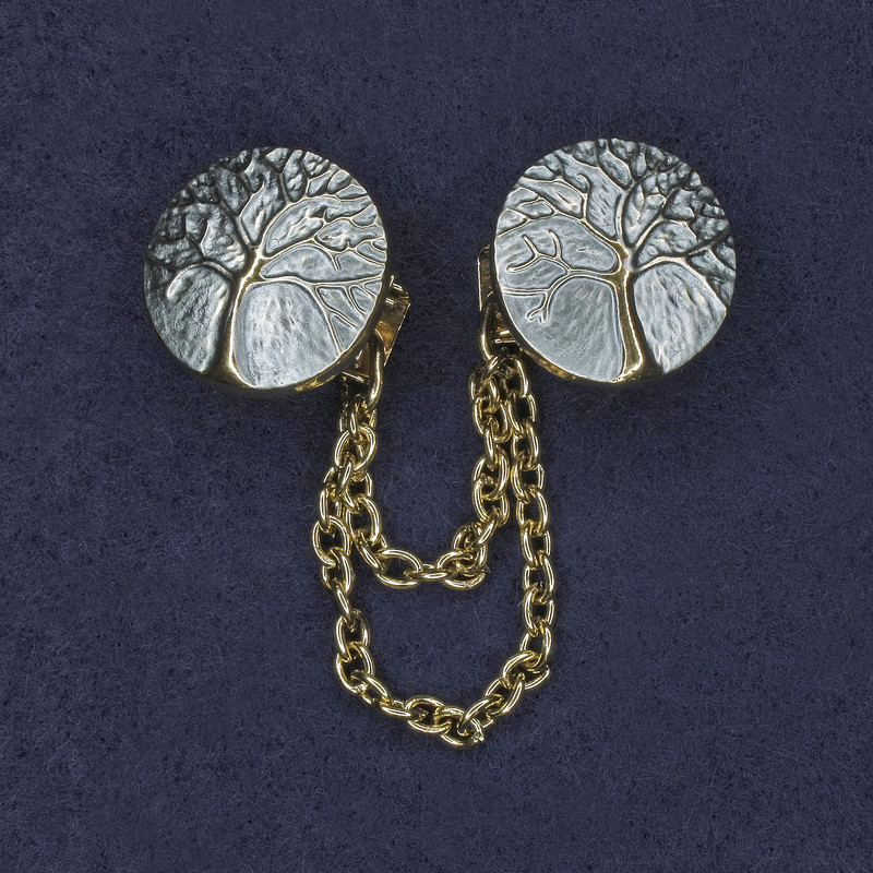 Brosche für Cardigans, blaues Emaille, goldfarbenes Metall, Durchmesser ca. 20 mm, Länge ca. 9 cm