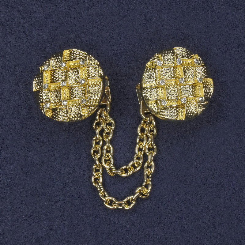 Brosche für Cardigans – weiße Strasssteine, goldfarbenes Metall, Durchmesser ca. 20 mm, Länge ca. 9 cm