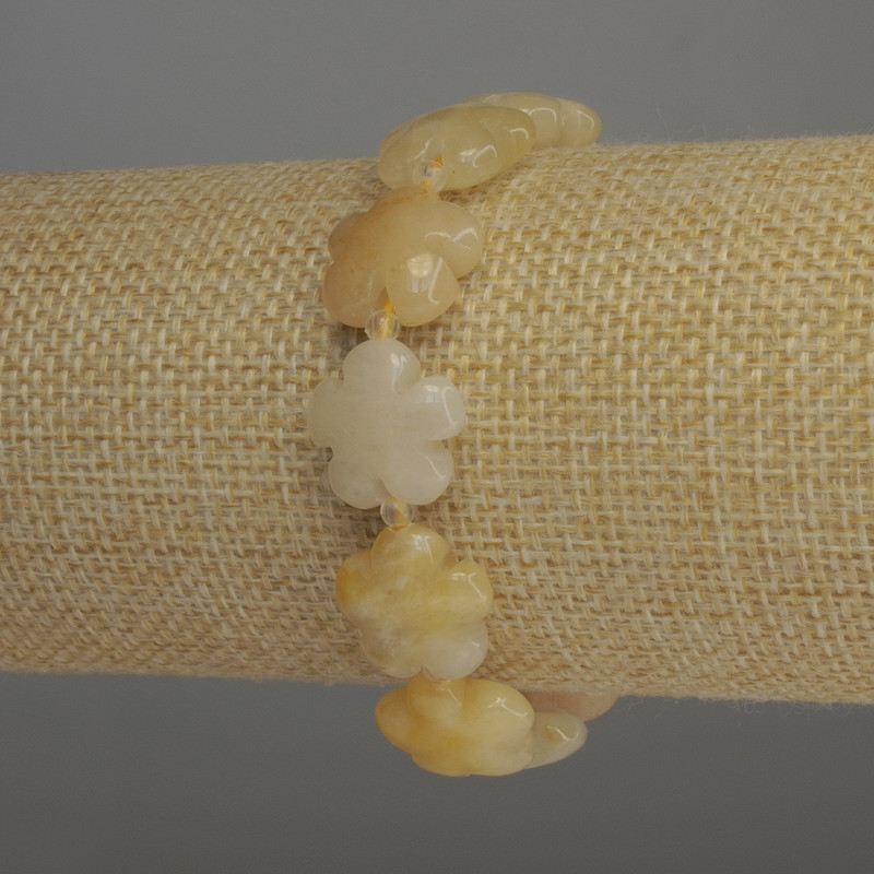Gelbes Kalzit-Armband mit Blüte, Durchmesser 15×6 mm ± Glasperlen, Durchmesser 3 mm ±, Länge 18 cm, Elastikband
