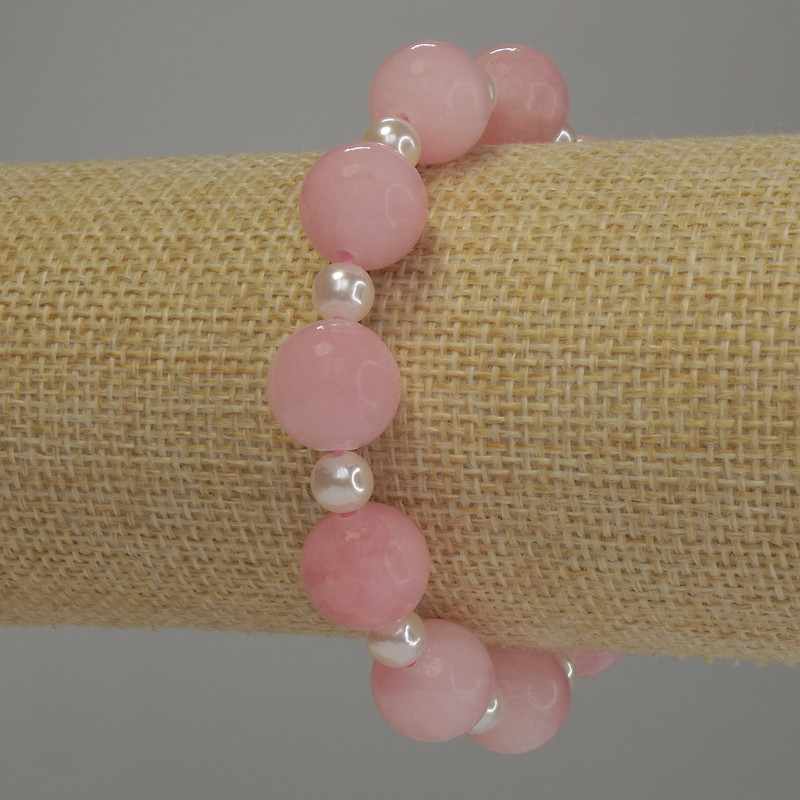Armband aus Rosenquarz und Perlen – glatte Kugeln 12 mm und 6 mm, Länge ca. 18 cm, Stretch