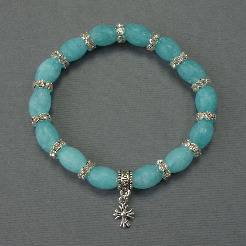 Aquamarin-Samenperlen-Armband, Durchmesser ca. 12 × 8 mm ±, mit Metall-Einlagen, Länge ca. 18 cm ± Stretch
